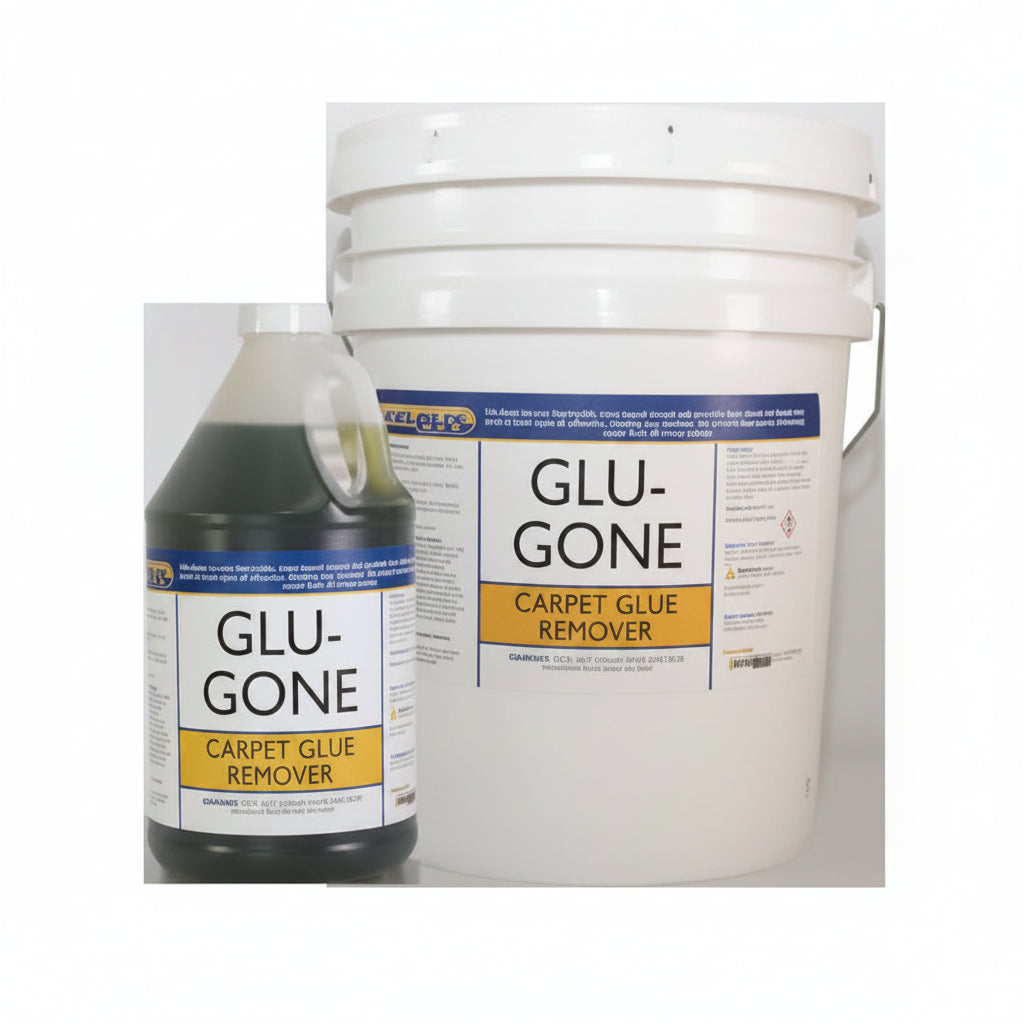 GLU-GONE carpet glue remover with a white bucket