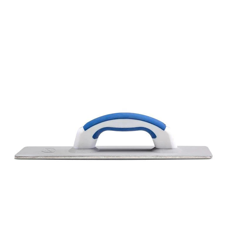 Metal trowel with a blue and white handle