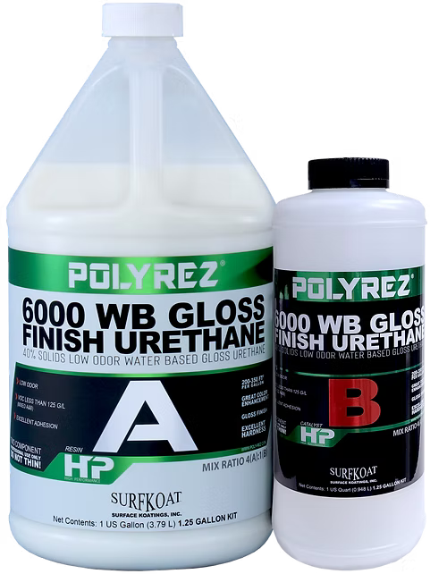 Two bottles of Polyrez 6000 WB Gloss Finish Urethane