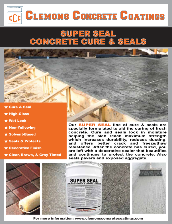 Advertisement for Clemons Concrete Coatings Super Seal concrete cure and seal product with images of concrete surfaces and a container.
