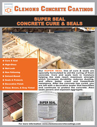 Advertisement for Clemons Concrete Coatings Super Seal concrete cure and seal product with images of concrete surfaces and a container.