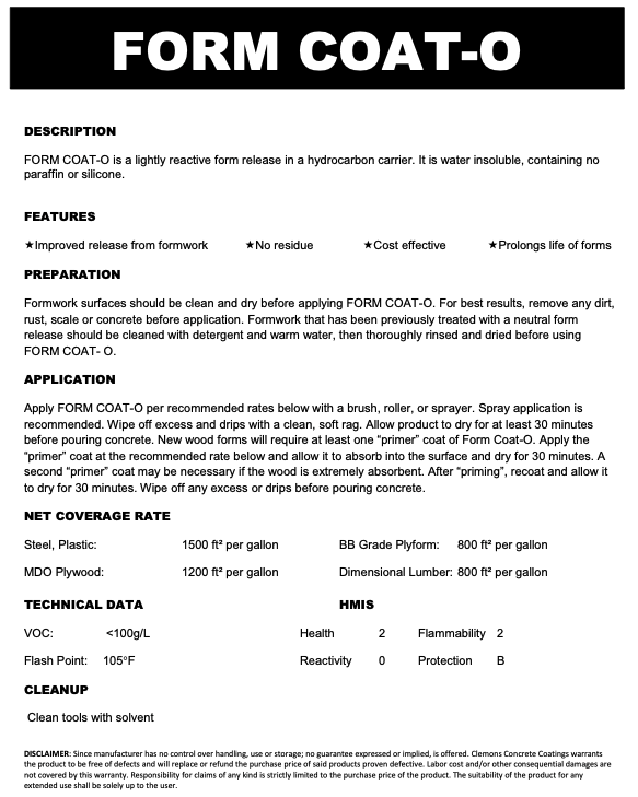 Technical sheet for FORM COAT-O product with details on description, features, preparation, application, technical data, and cleanup.