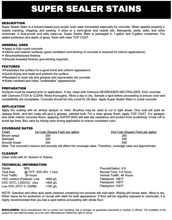 Technical sheet for Super Sealer Stains with product details and usage instructions.