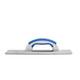 Metal trowel with a blue and white handle 