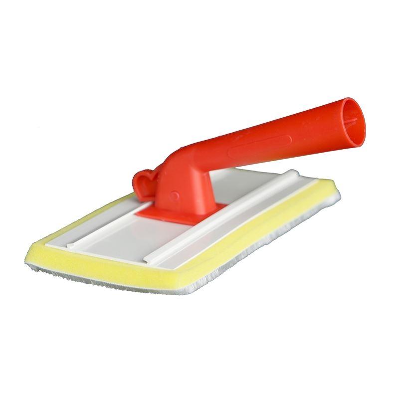 Cleaning tool with red handle and yellow and white pad 
